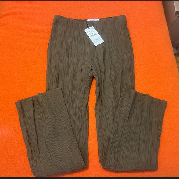 Zara khaki olive green high rise wrinkle effect full length pants NWT - Picture 3 of 10